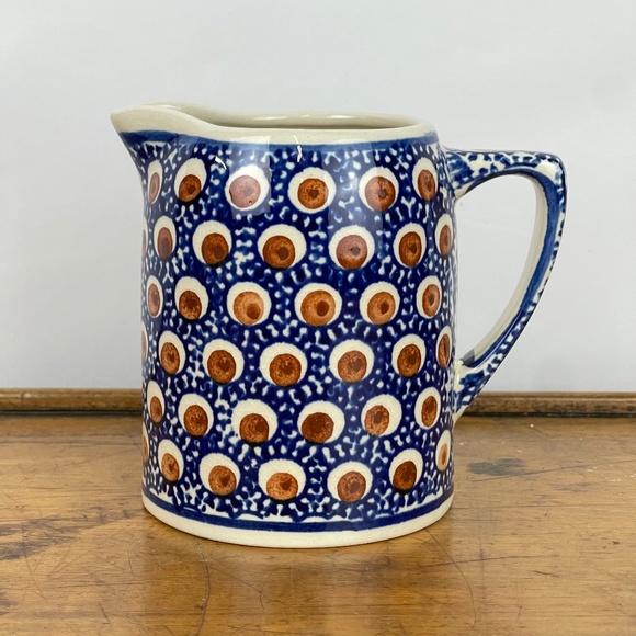 Boleslawiec Polish Pottery Small Pitcher / Large Creamer Blue Brown Circles - Picture 1 of 7